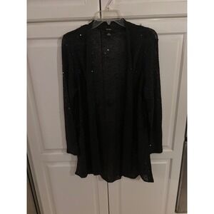 Alfani Womens Black Sequin Open Front Cardigan Longline Knit Sweater Large